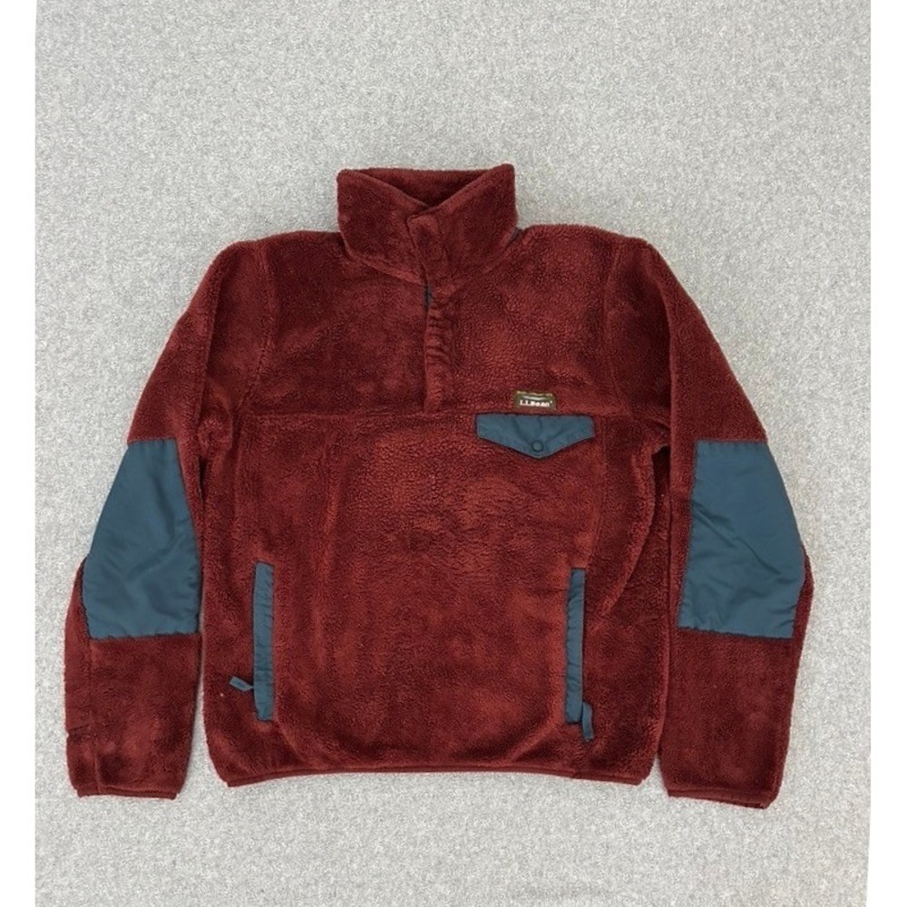 LL Bean Sweater Small Burgundy Snap Pullover Elbow Patch Hi-Pile Sherpa Fleece